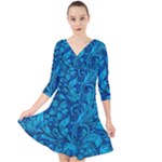 Blue Floral Pattern Texture, Floral Ornaments Texture Quarter Sleeve Front Wrap Dress