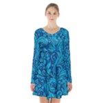 Blue Floral Pattern Texture, Floral Ornaments Texture Long Sleeve Velvet V-neck Dress