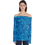 Blue Floral Pattern Texture, Floral Ornaments Texture Off Shoulder Long Sleeve Top