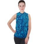 Blue Floral Pattern Texture, Floral Ornaments Texture Mock Neck Chiffon Sleeveless Top