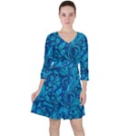 Blue Floral Pattern Texture, Floral Ornaments Texture Quarter Sleeve Ruffle Waist Dress