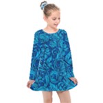 Blue Floral Pattern Texture, Floral Ornaments Texture Kids  Long Sleeve Dress