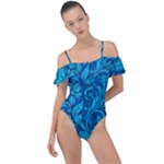 Blue Floral Pattern Texture, Floral Ornaments Texture Frill Detail One Piece Swimsuit