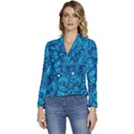 Blue Floral Pattern Texture, Floral Ornaments Texture Women s Long Sleeve Revers Collar Cropped Jacket