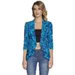 Blue Floral Pattern Texture, Floral Ornaments Texture Women s 3/4 Sleeve Ruffle Edge Open Front Jacket