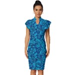Blue Floral Pattern Texture, Floral Ornaments Texture Vintage Frill Sleeve V-Neck Bodycon Dress