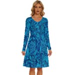 Blue Floral Pattern Texture, Floral Ornaments Texture Long Sleeve Dress With Pocket