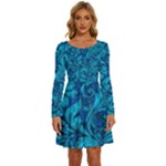Blue Floral Pattern Texture, Floral Ornaments Texture Long Sleeve Wide Neck Velvet Dress