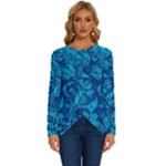 Blue Floral Pattern Texture, Floral Ornaments Texture Long Sleeve Crew Neck Pullover Top