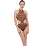 Brown Wooden Texture Halter Side Cut Swimsuit