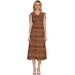Brown Wooden Texture V-Neck Drawstring Shoulder Sleeveless Maxi Dress