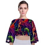 Colorful Floral Patterns, Abstract Floral Background Tie Back Butterfly Sleeve Chiffon Top