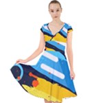 Colorful Paint Strokes Cap Sleeve Front Wrap Midi Dress