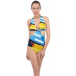 Colorful Paint Strokes Halter Front Plunge Swimsuit