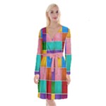 Colorful Squares, Abstract, Art, Background Long Sleeve Velvet Front Wrap Dress
