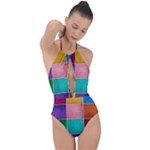 Colorful Squares, Abstract, Art, Background Plunge Cut Halter Swimsuit