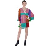 Colorful Squares, Abstract, Art, Background V-Neck Flare Sleeve Mini Dress