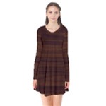 Dark Brown Wood Texture, Cherry Wood Texture, Wooden Long Sleeve V-neck Flare Dress