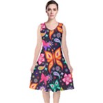 Floral Butterflies V-Neck Midi Sleeveless Dress 