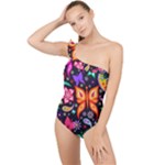 Floral Butterflies Frilly One Shoulder Swimsuit