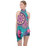 Floral Pattern, Abstract, Colorful, Flow Halter Asymmetric Satin Top