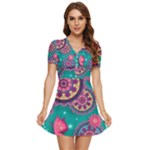 Floral Pattern, Abstract, Colorful, Flow V-Neck High Waist Chiffon Mini Dress