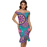 Floral Pattern, Abstract, Colorful, Flow Off Shoulder Ruffle Split Hem Bodycon Dress