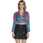 Floral Pattern, Abstract, Colorful, Flow Long Sleeve Tie Back Satin Wrap Top