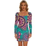 Floral Pattern, Abstract, Colorful, Flow Long Sleeve Square Neck Bodycon Velvet Dress