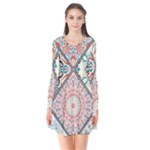 Flowers Pattern, Abstract, Art, Colorful Long Sleeve V-neck Flare Dress