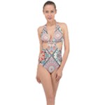Flowers Pattern, Abstract, Art, Colorful Halter Front Plunge Swimsuit