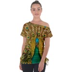 Peacock Feather Bird Peafowl Off Shoulder Tie-Up T-Shirt