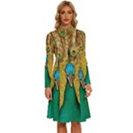 Peacock Feather Bird Peafowl Long Sleeve Shirt Collar A-Line Dress