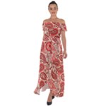 Paisley Red Ornament Texture Off Shoulder Open Front Chiffon Dress