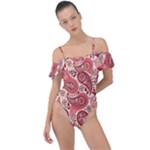 Paisley Red Ornament Texture Frill Detail One Piece Swimsuit