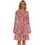 Paisley Red Ornament Texture Long Sleeve Dress With Pocket