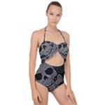 Paisley Skull, Abstract Art Scallop Top Cut Out Swimsuit
