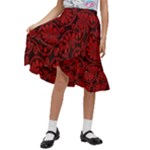 Red Floral Pattern Floral Greek Ornaments Kids  Ruffle Flared Wrap Midi Skirt