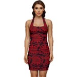 Red Floral Pattern Floral Greek Ornaments Sleeveless Wide Square Neckline Ruched Bodycon Dress