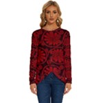 Red Floral Pattern Floral Greek Ornaments Long Sleeve Crew Neck Pullover Top