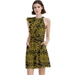 Yellow Floral Pattern Floral Greek Ornaments Cocktail Party Halter Sleeveless Dress With Pockets