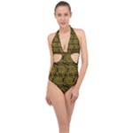 Yellow Floral Pattern Floral Greek Ornaments Halter Front Plunge Swimsuit