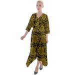 Yellow Floral Pattern Floral Greek Ornaments Quarter Sleeve Wrap Front Maxi Dress