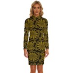 Yellow Floral Pattern Floral Greek Ornaments Long Sleeve Shirt Collar Bodycon Dress