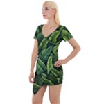 Green leaves Short Sleeve Asymmetric Mini Dress