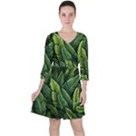 Green leaves Quarter Sleeve Ruffle Waist Dress