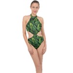 Green leaves Halter Side Cut Swimsuit