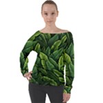 Green leaves Off Shoulder Long Sleeve Velour Top