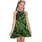 Green leaves Kids  Halter Collar Waist Tie Chiffon Dress