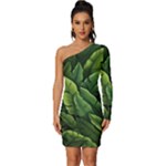 Green leaves Long Sleeve One Shoulder Mini Dress
